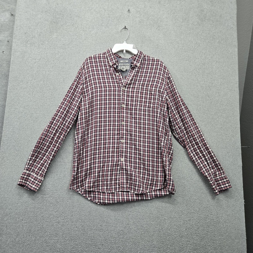 American Rag Men Button Up Shirt L Red Tartan Plaid Flannel Long Sleeve Pocket
